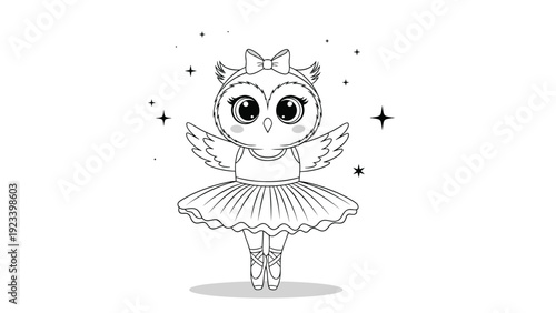 Elegant owl wearing a tutu and ballet shoes performing a dance move surrounded by twinkling stars in a line art illustration.