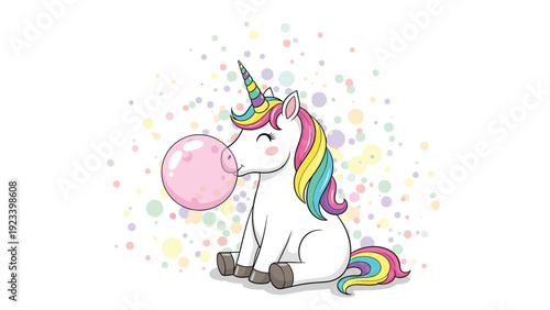 Magical white unicorn with a rainbow mane sitting and blowing a large pink bubble gum bubble against a colorful background.
