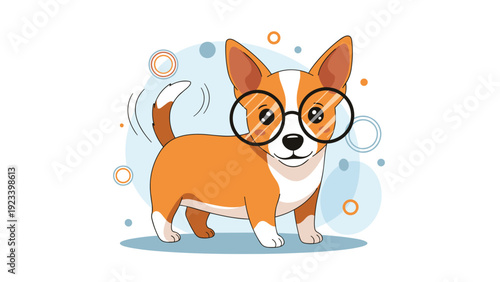 Friendly corgi dog wearing large black rimmed glasses and looking forward against a blue background with abstract circles.