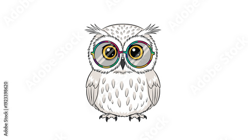 Wise white owl wearing large round glasses with a rainbow frame and looking forward against a clean white background.