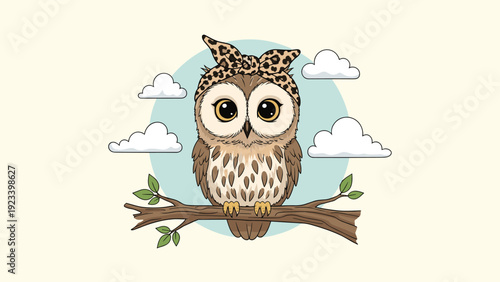 Stylish owl wearing a leopard print headband and perched on a tree branch against a soft blue sky with fluffy white clouds.