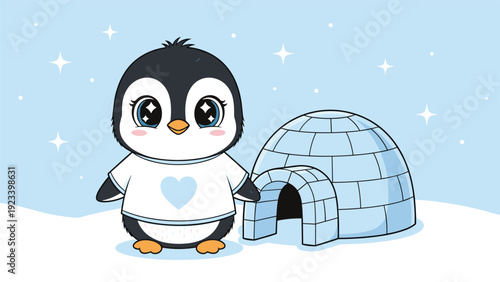Cute baby penguin wearing a white t-shirt with a blue heart standing next to a blue ice igloo in a snowy winter landscape.