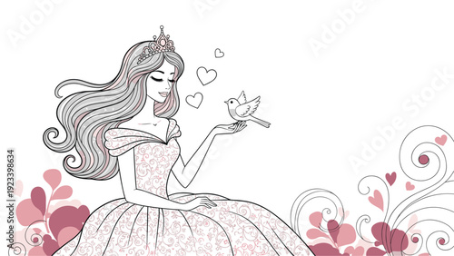 Graceful princess wearing a crown and floral gown holding a small bird on her hand surrounded by floating hearts and swirls.