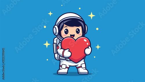 Friendly little astronaut in a white space suit hugging a large red heart while floating in a blue space with bright stars.