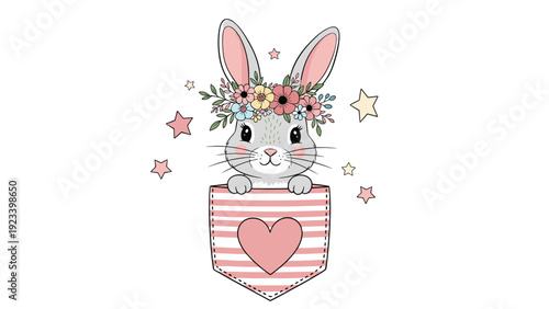 Adorable grey bunny rabbit wearing a flower crown peeking out of a striped pocket with a large pink heart on the front.