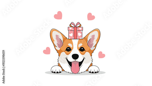 Happy corgi dog smiles broadly with a pink gift box balanced on its head amidst floating pink hearts on a white background.