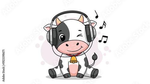 Playful spotted cow wearing large headphones winks while listening to upbeat music with notes floating in the air.
