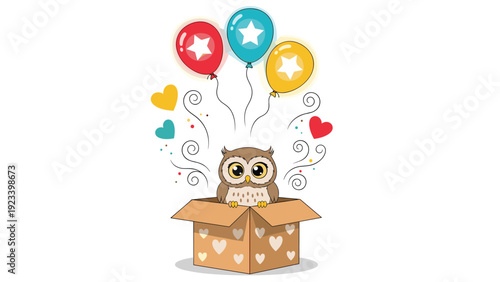 Wise little owl peeks out from a heart patterned cardboard box as colorful star balloons and confetti float above.