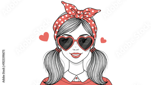 Stylish young woman with pigtails wearing a red polka dot headband and heart shaped sunglasses exudes retro charm.