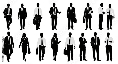 Silhouettes of business people in suits with briefcases.
