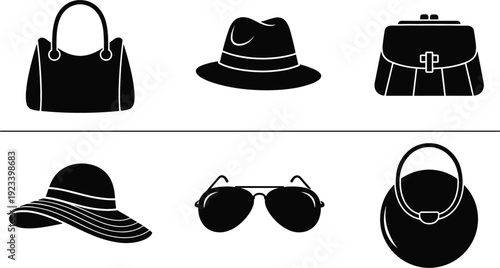Fashion Accessories Icons Set Handbag Hat Sunglasses And Purse Silhouettes Stylish Vector Collection