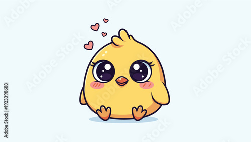 Tiny yellow chick with large expressive eyes sits comfortably while floating pink hearts symbolize love and affection.