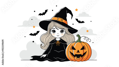 Cute little witch in a black dress and pointed hat sits beside a glowing carved pumpkin amidst bats and clouds.