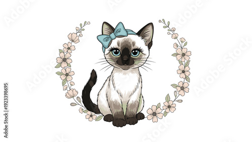 Elegant Siamese kitten wearing a blue bow sits gracefully within a circular wreath of delicate pink and white flowers.