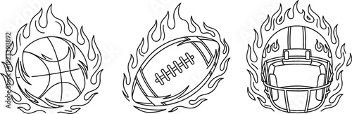 Flaming sports balls icons set with basketball football and helmet outline vector collection
