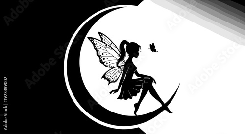 Fairy sitting on crescent moon silhouette, mythical butterfly girl vector illustration, fantasy elf character on moon, magical nocturnal sky background,