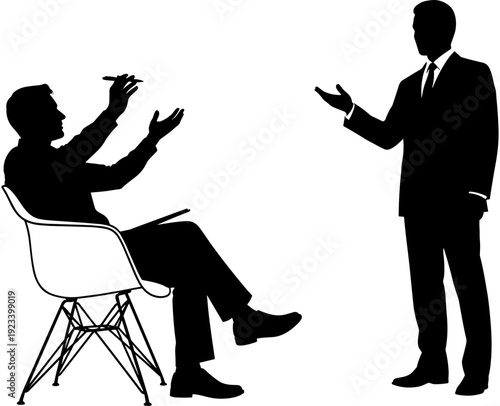 Business presentation meeting with speaker and audience silhouettes, corporate training session, team brainstorming, flipchart workshop, group of professional people,