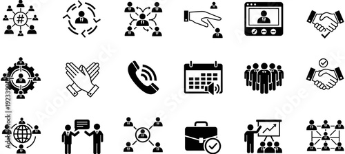 Business team management icons set, professional corporate networking, leadership partnership silhouettes, communication strategy, teamwork collaboration, financial growth office vector elements.