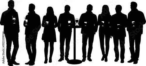 Group of people standing around a cocktail table drinking wine at a corporate event or social party silhouette vector,