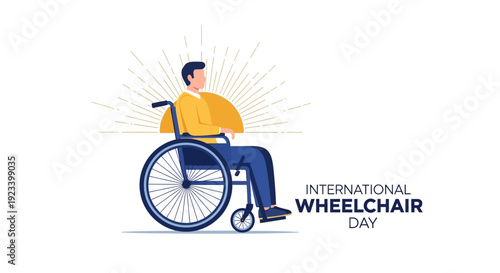 Illustration of a man in a wheelchair on International Wheelchair Day, promoting disability inclusion and accessibility awareness.