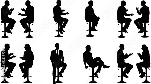 Set of business people silhouettes sitting on bar stools, corporate communication, professional discussion, office networking, diverse colleagues talking, vector illustration.