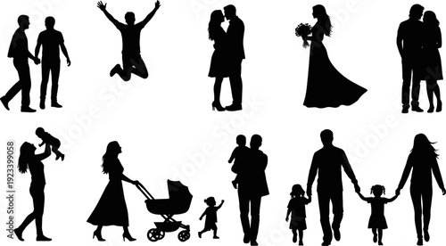 Set of black family silhouettes, romantic couples icons, wedding bride, parents with children, baby stroller, jumping man, people group vector.