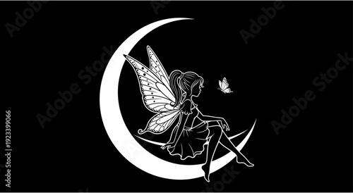 White fairy silhouette sitting on crescent moon with butterfly, magical girl with wings, fantasy night vector illustration on black background.