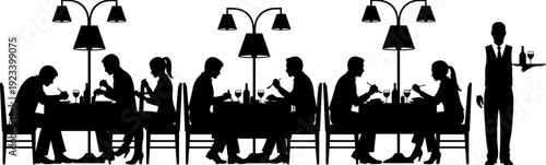 People dining in restaurant silhouette, couples eating dinner at tables, waiter serving wine, fine dining experience, luxury lifestyle, social gathering.