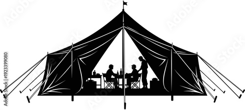 Large camping tent silhouette, people eating inside tent, outdoor adventure vector illustration, camping lifestyle silhouette, family dinner in tent silhouette,