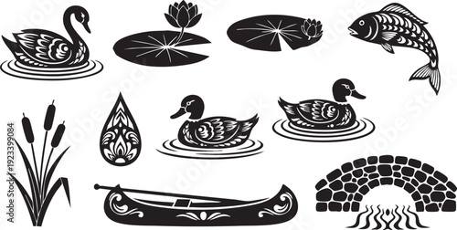 Black and white of swans ducks fish lily pads reeds and a canoe on water