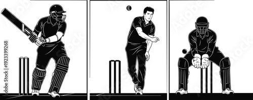 Black and white vector illustration set featuring professional cricket players including a batsman with a bat a bowler throwing and a wicketkeeper catching.