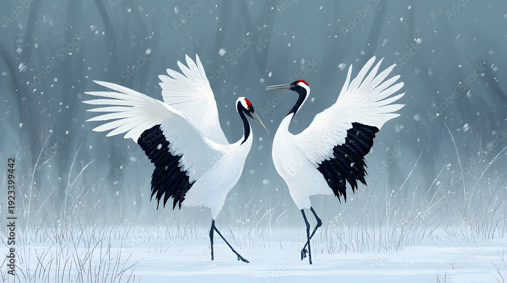 Obraz premium Graceful Red-Crowned Cranes in a Winter Wonderland