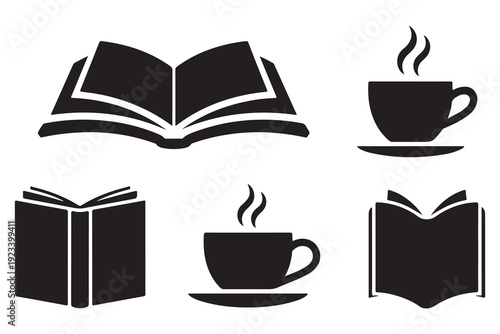 Open book and hot coffee cup silhouette vector reading concept
