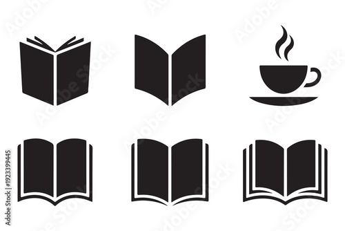 Open book and hot coffee cup silhouette vector reading concept
