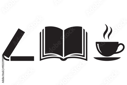 Open book and hot coffee cup silhouette vector reading concept
