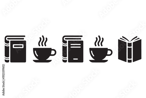 Open book and hot coffee cup silhouette vector reading concept
