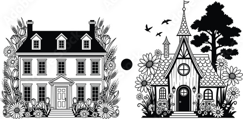 Black and white vintage house and fairy tale cottage illustration with floral frames, detailed architectural line art, symmetrical decorative design isolated on light background