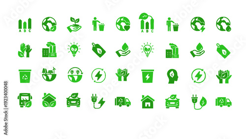 Collection of green energy and electric vehicle icons in flat design. Features electric cars, charging stations, batteries, renewable power, eco houses, and green transportation symbols.