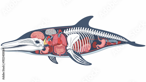 Illustration of a dolphin with its internal organs and skeleton visible, on a white background.