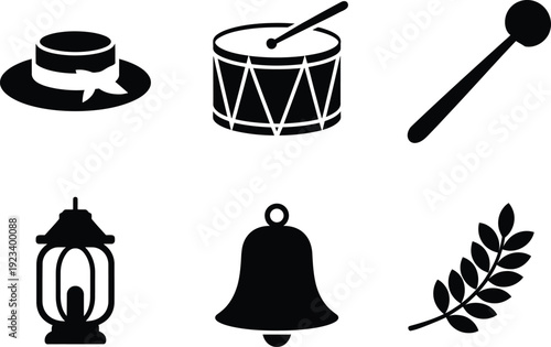 Hat Drum Baton Lantern Bell Olive Branch Icons Set fedora snare drum