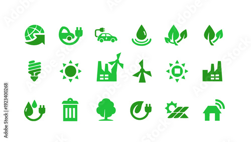 Flat style renewable energy and nature icons set in green color. Includes wind turbines, solar energy, water drops, leaves, electric cars, eco houses, and clean power symbols.