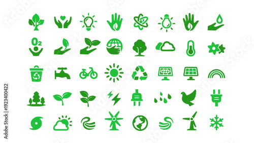 Green nature and organic farming icon set in flat design. Features plants, leaves, water drops, sun, farming tools, eco food, and sustainable agriculture symbols.