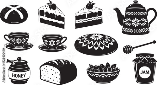 Black and white of tea, cakes, honey, bread, and jam teapot