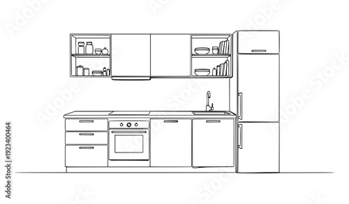 Minimal Continuous Line Kitchen Furniture Monoline Interior Vector Illustration on White