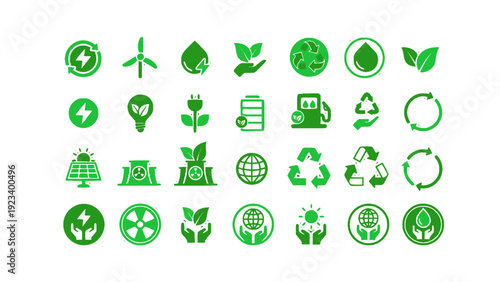 Comprehensive renewable energy and recycling icon set in green tone. Includes solar panels, wind turbines, recycling arrows, eco globe, organic leaves, and sustainable development symbols.