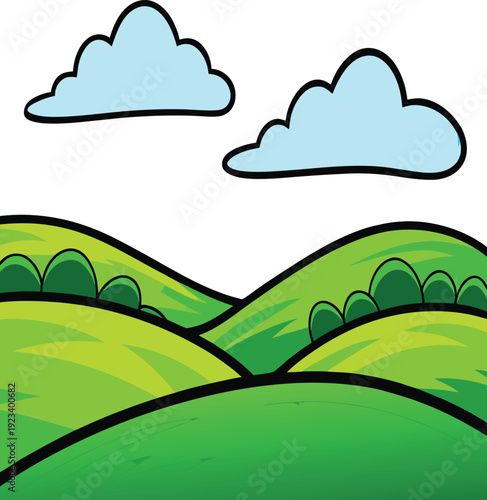 Rolling green hills under a bright blue sky with fluffy clouds vector illustration EPS PNG file
