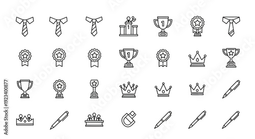 A grid of black and white outline icons depicting achievement business and writing tools