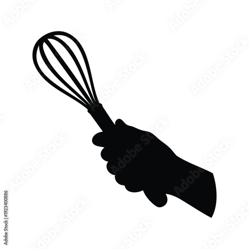 Hand holding a whisk in a kitchen, black and white silhouette vector illustration, hand whisk silhouette vector illustration