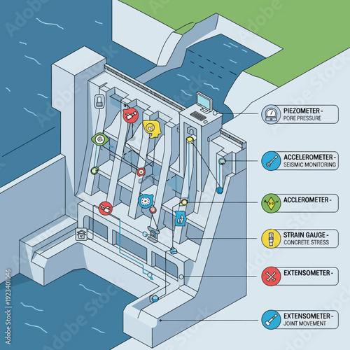 Detailed diagram of a hydroelectric dam with sensor placements.