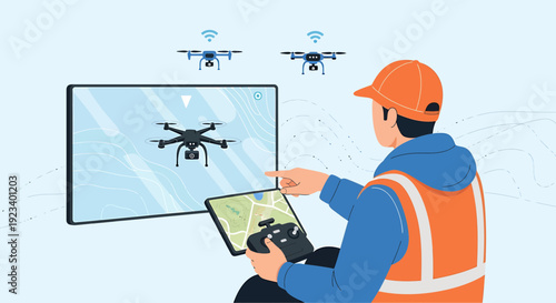 Man controlling drones from tablet, technology for aerial surveillance and mapping